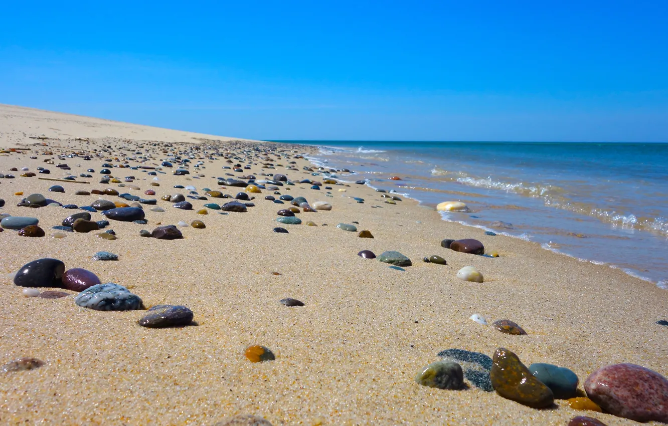 Photo wallpaper sand, sea, wave, beach, the sky, stones