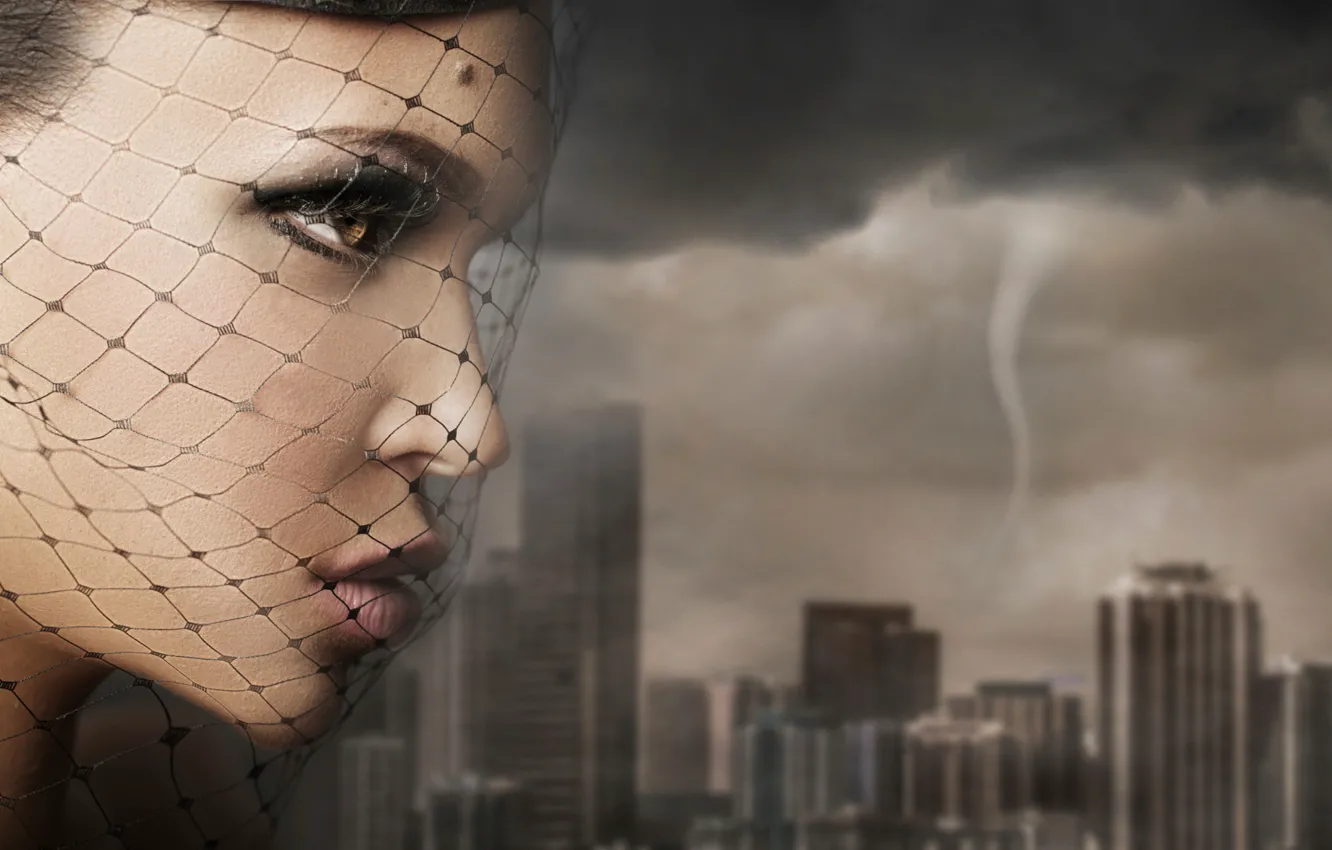 Photo wallpaper girl, the city, portrait, tornado, veil