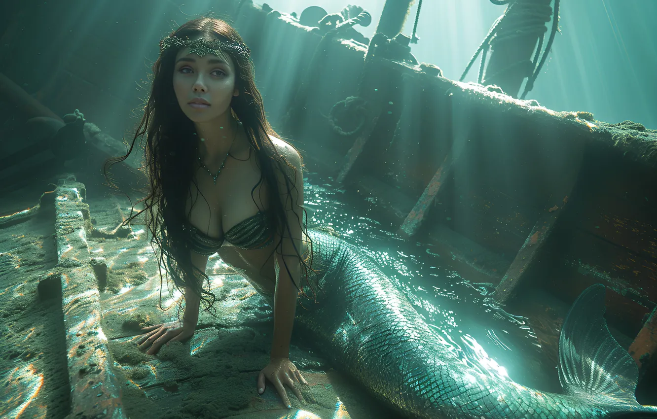 Photo wallpaper girl, hair, ship, mermaid, tail, underwater world, digital art, AI art