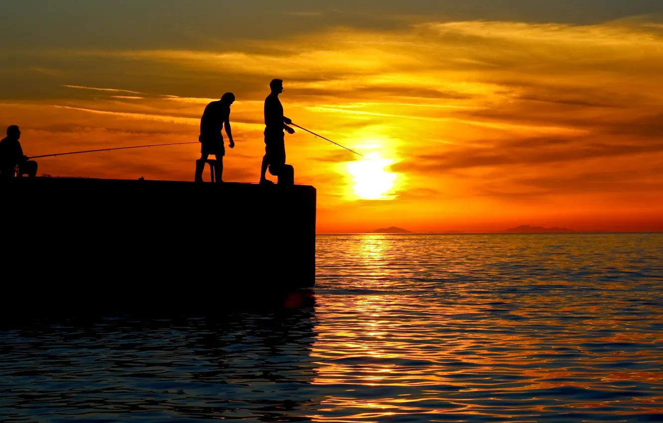Photo wallpaper sea, clouds, sunset, fisherman, silhouette, glow