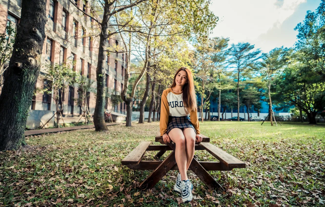 Photo wallpaper girl, table, Asian, sitting
