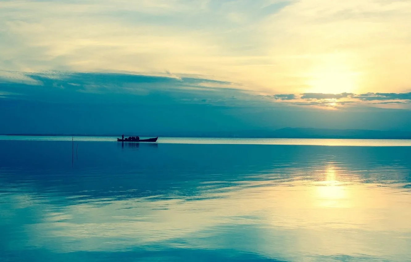 Photo wallpaper sea, the sun, reflection, dawn, boat, morning, horizon, silhouette