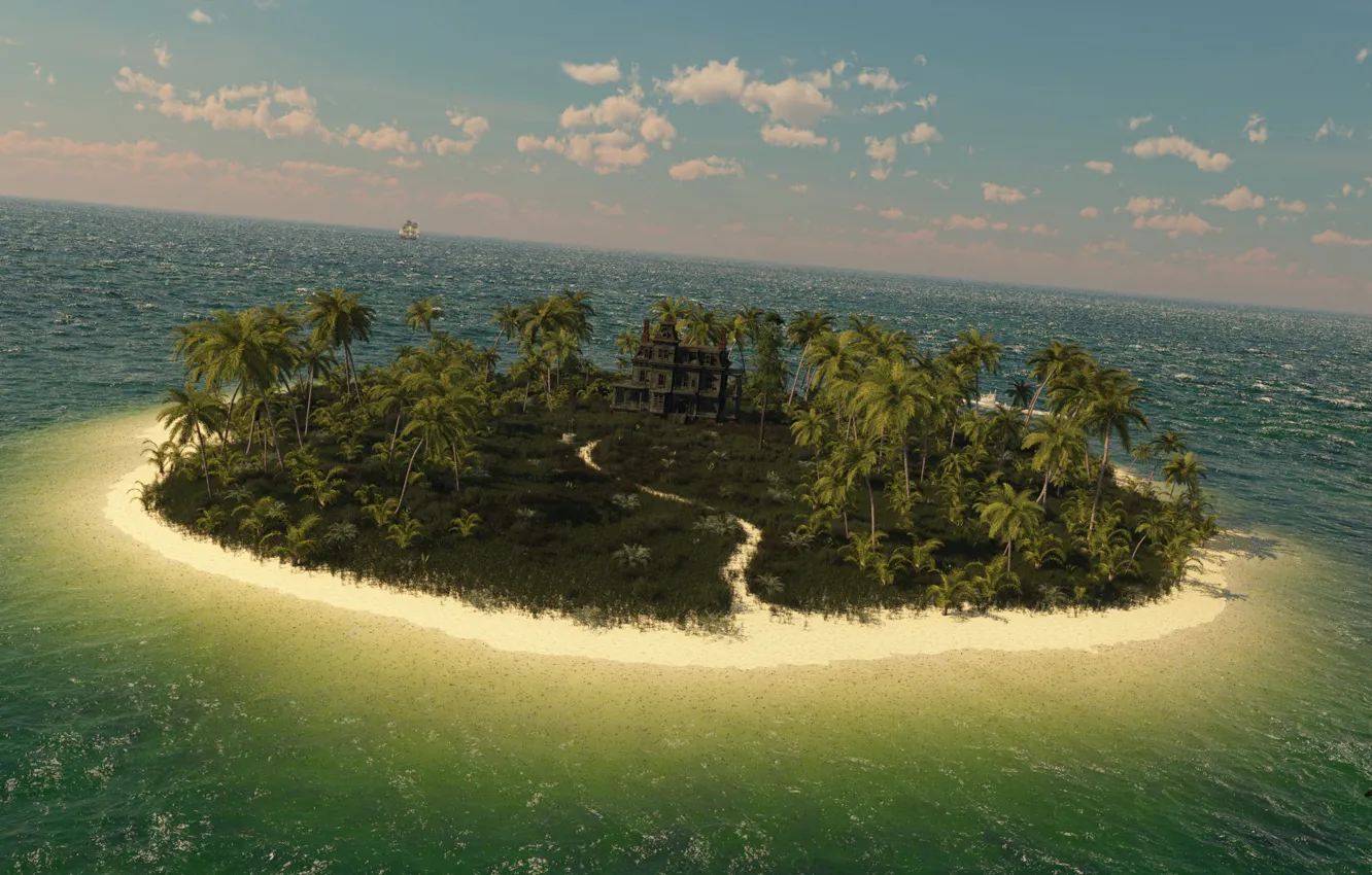 Photo wallpaper sea, palm trees, castle, the ocean, ship, island, art, track
