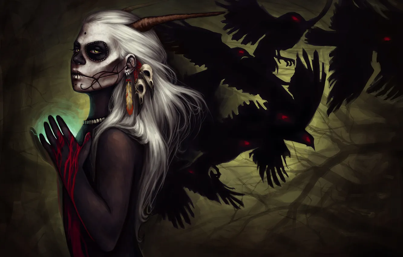 Photo wallpaper blood, woman, horns, Raven, white hair