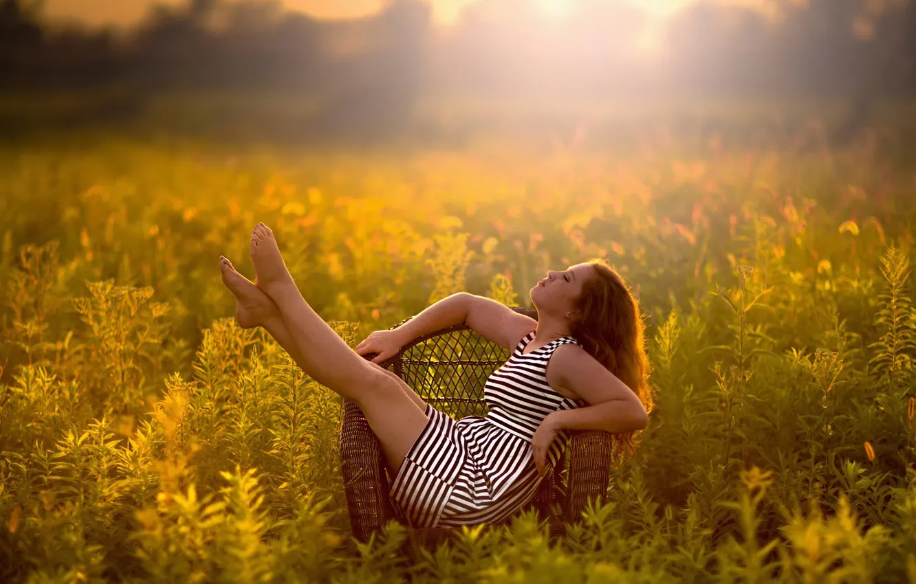 Photo wallpaper field, summer, girl, the sun, chair, relax