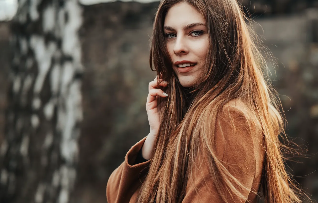 Photo wallpaper look, girl, portrait, makeup, hairstyle, brown hair, coat, bokeh