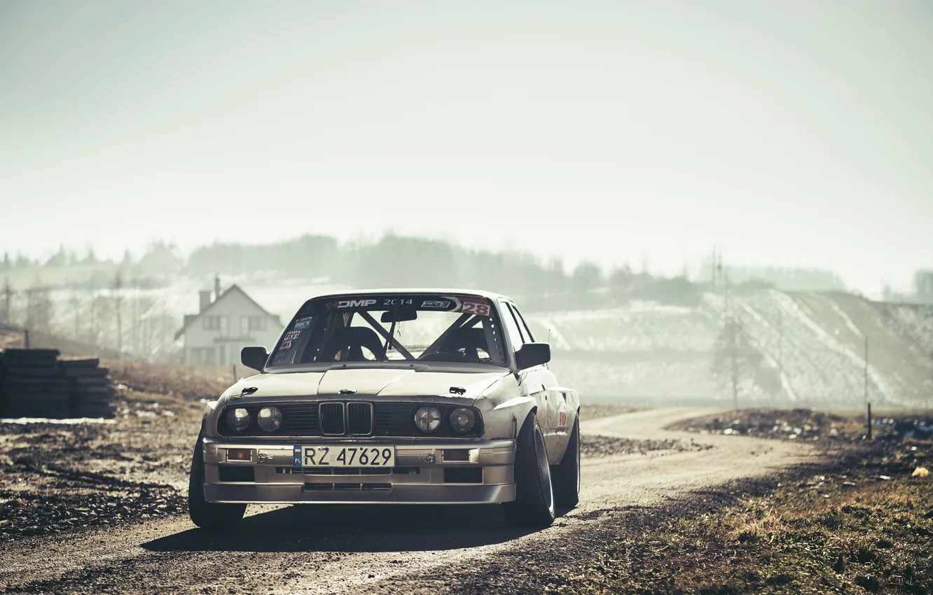 Photo wallpaper BMW, Drift, Car, Front, Sun, E30, Road, Silver