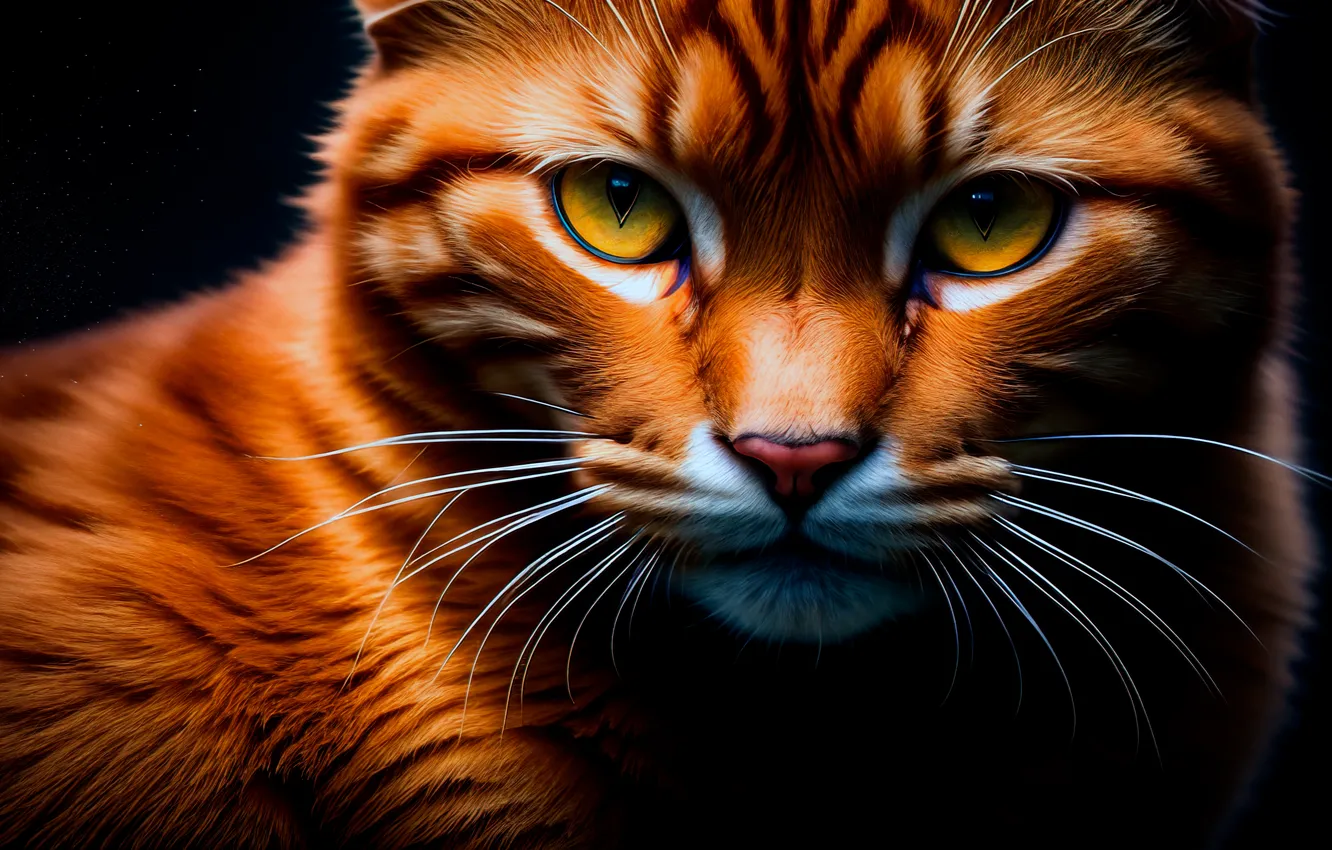 Photo wallpaper animals, cat, closeup, dark background, AI Art