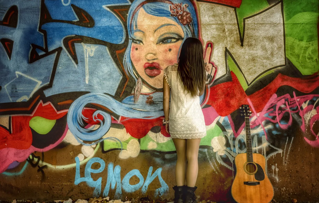 Photo wallpaper girl, wall, guitar, grafiti