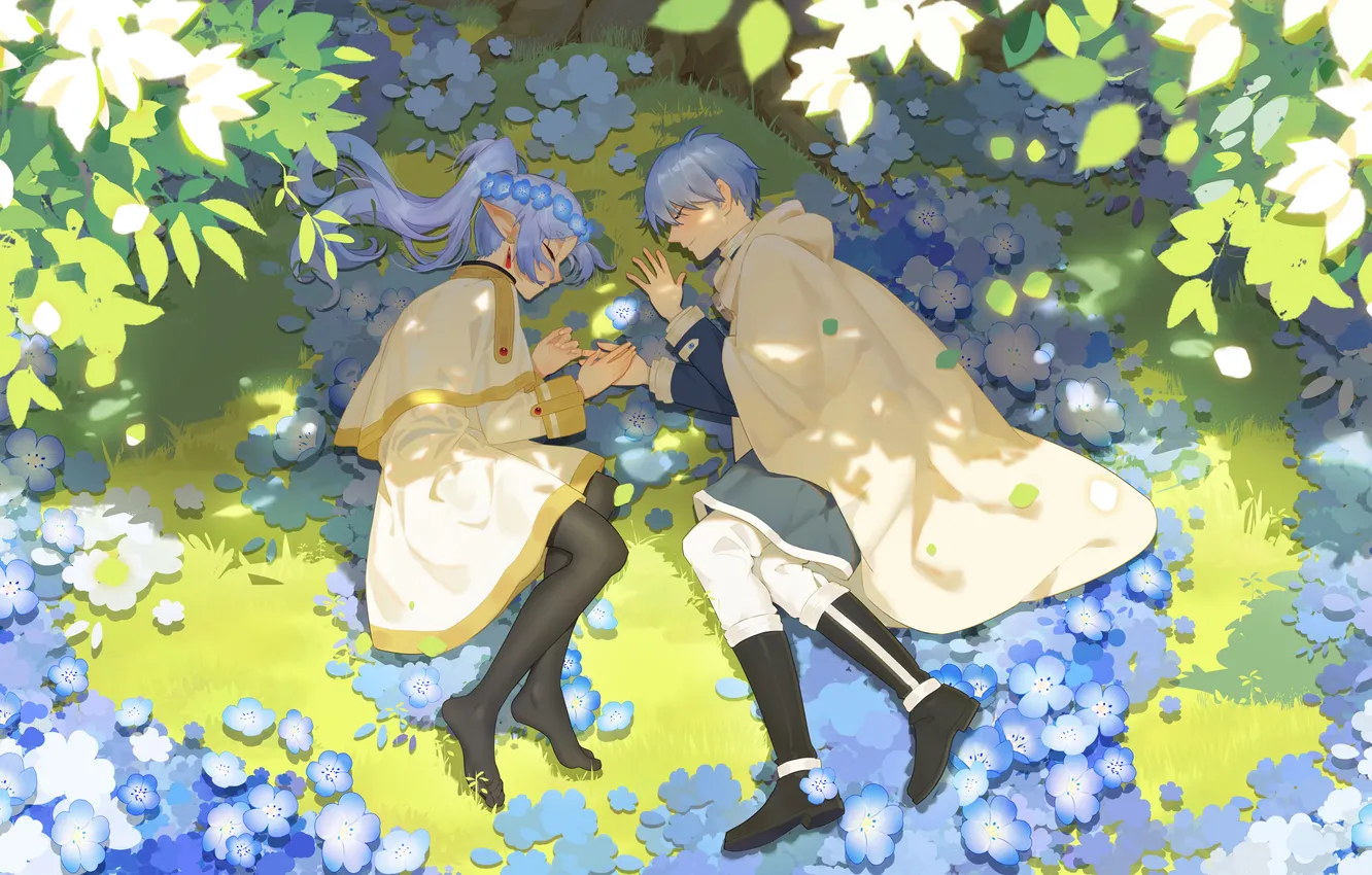 Photo wallpaper grass, girl, flowers, nature, elf, fantasy, sleeping, guy