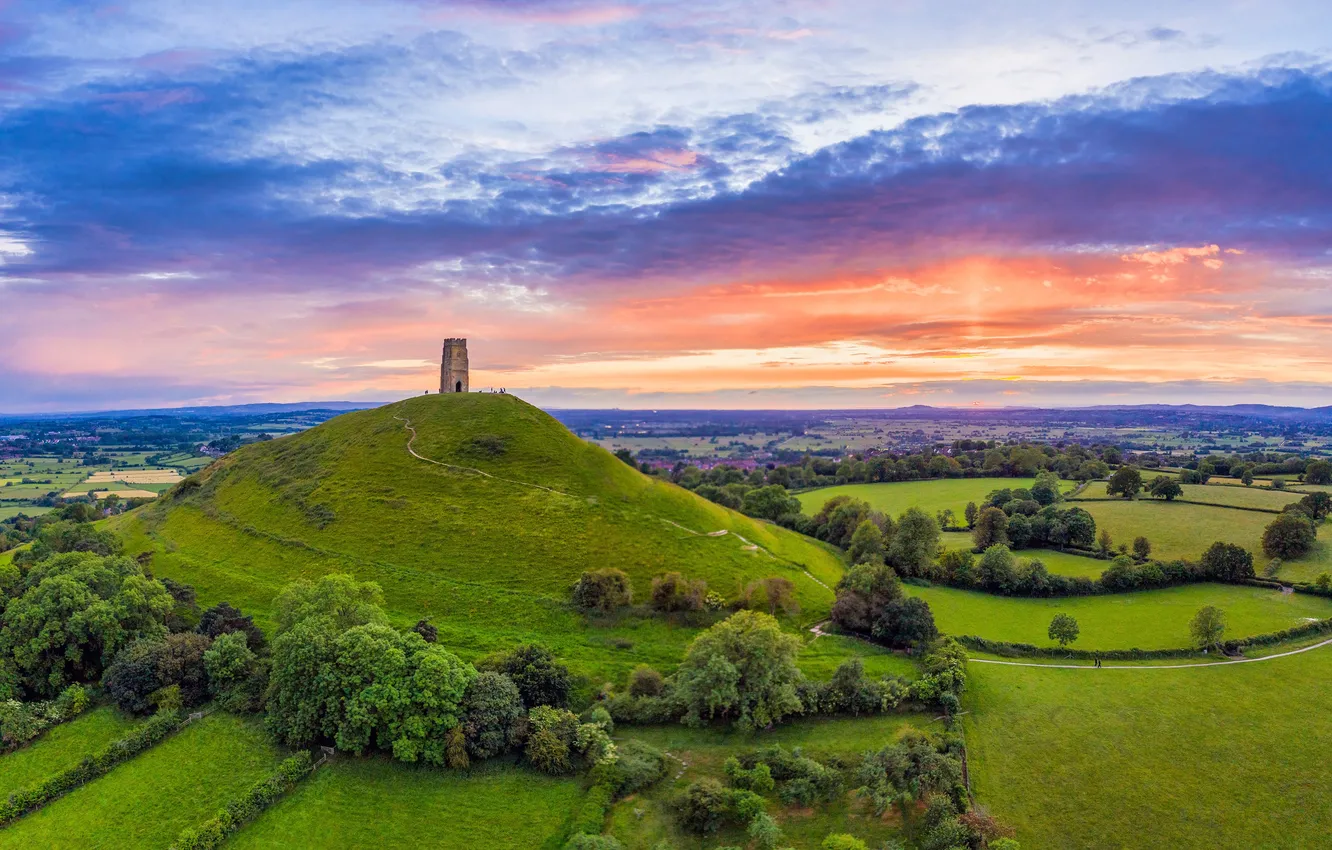 Photo wallpaper England, beauty, horizon, space, scenic, England, Glastonbury, Picturesque Landscape