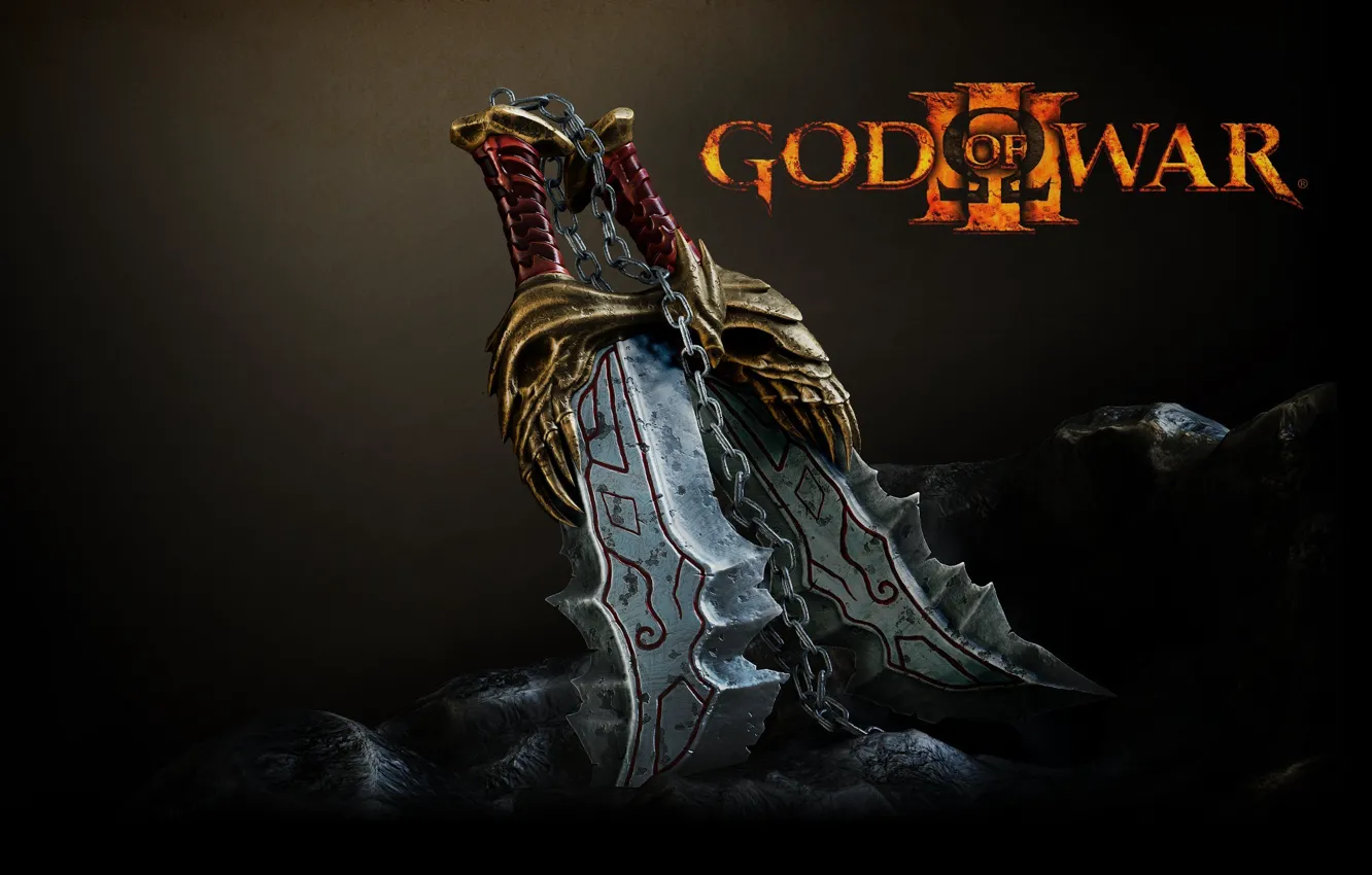 Photo wallpaper sword, Kratos, God of War, rocks, stones, God of War 3, chains, Ares
