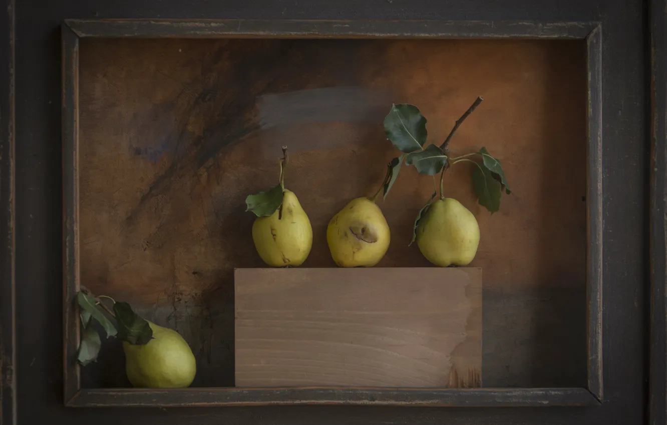 Photo wallpaper sheet, frame, shelf, pear