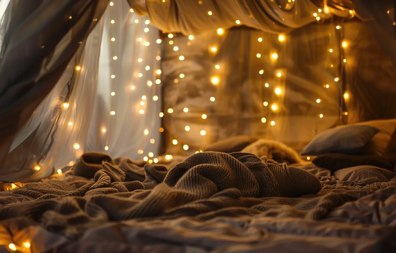 Photo wallpaper room, pillow, lights, plaid, garland, house