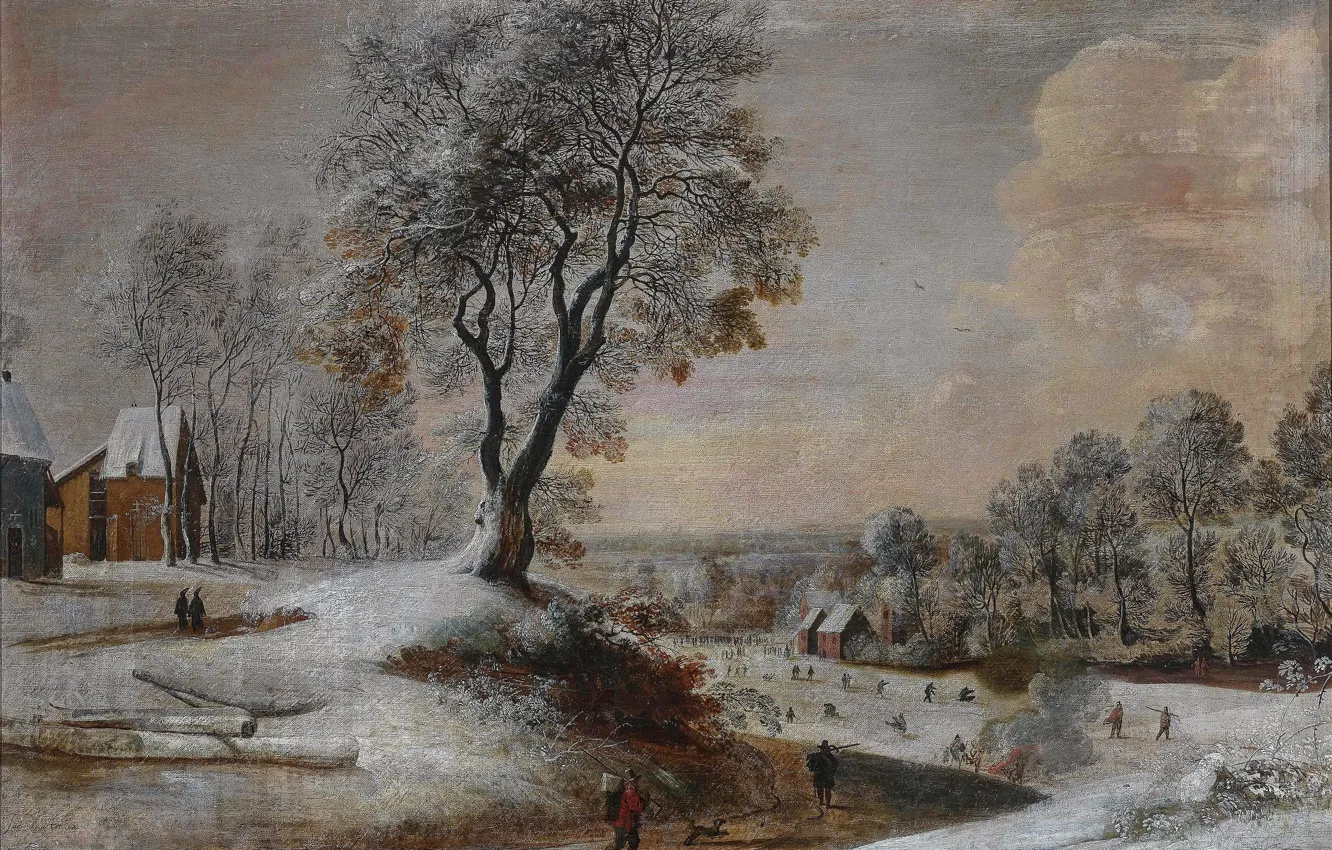Photo wallpaper winter, snow, trees, people, home, picture, winter landscape, Jacques D'Artois