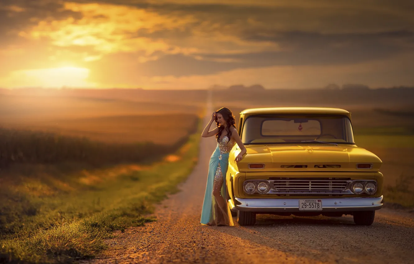 Photo wallpaper road, auto, girl, sunset, Jake Olson Studios