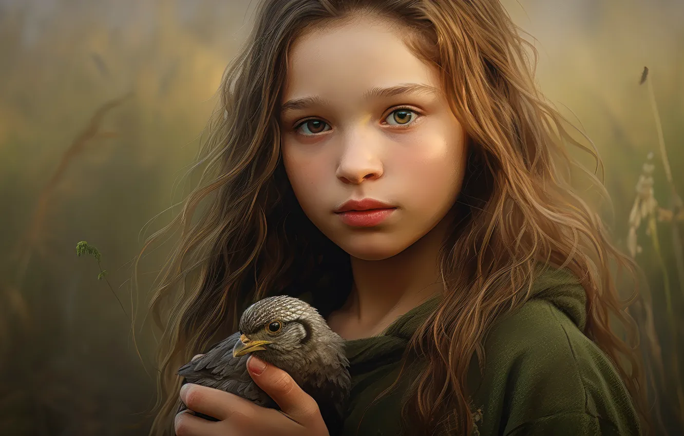 Photo wallpaper look, nature, bird, portrait, girl, Rus, AI art, The Art of Artificial Intelligence