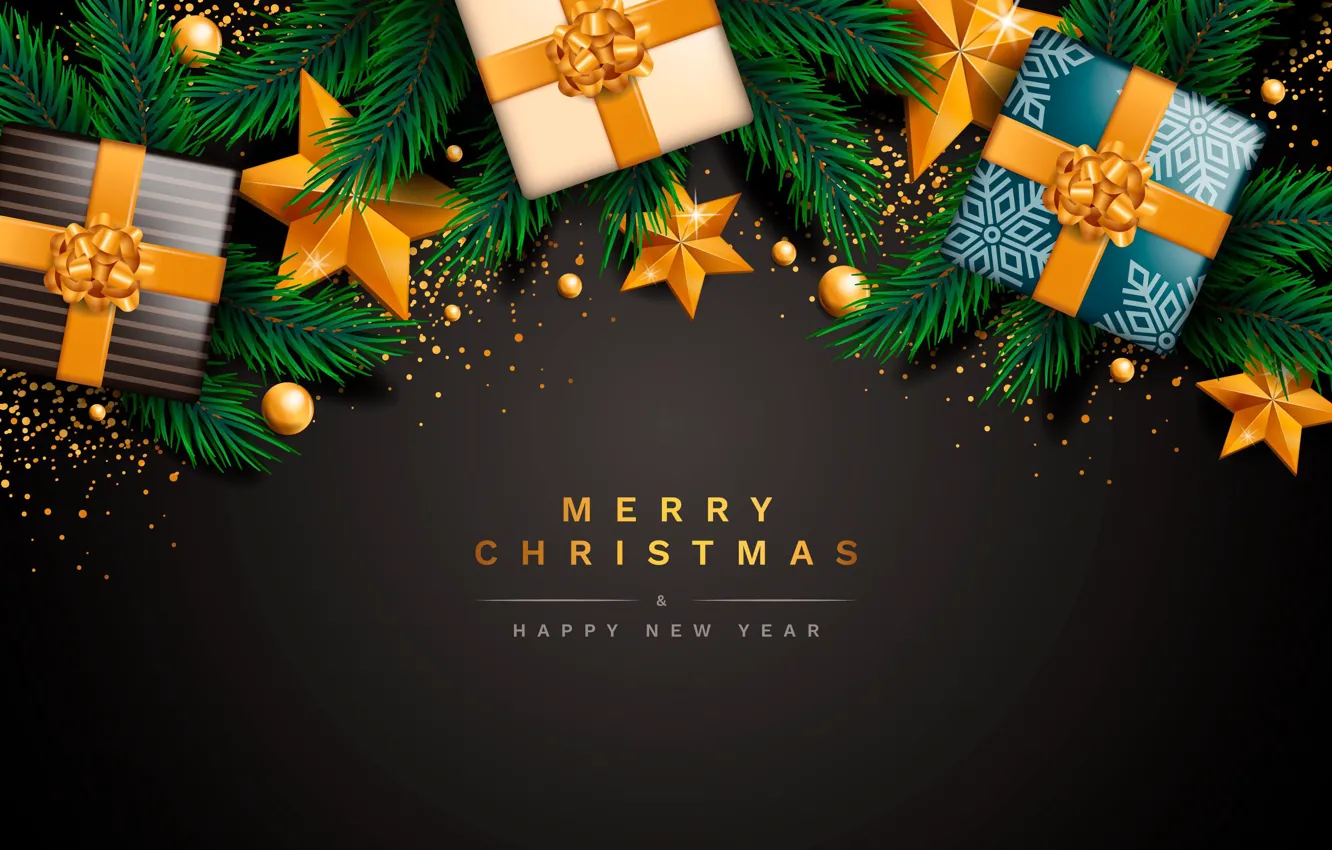 Photo wallpaper stars, balls, background, gift, new year, Christmas, spruce branches