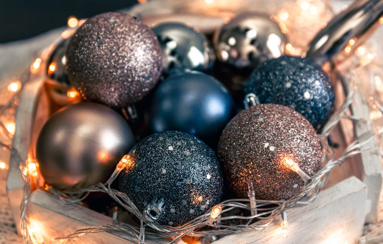 Photo wallpaper balls, balls, Christmas, New year, garland