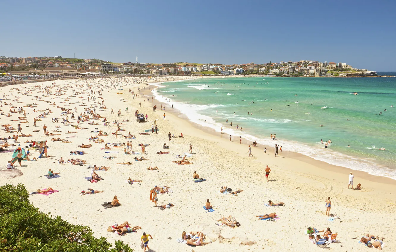 Photo wallpaper sand, sea, beach, the sky, the sun, the city, the ocean, people