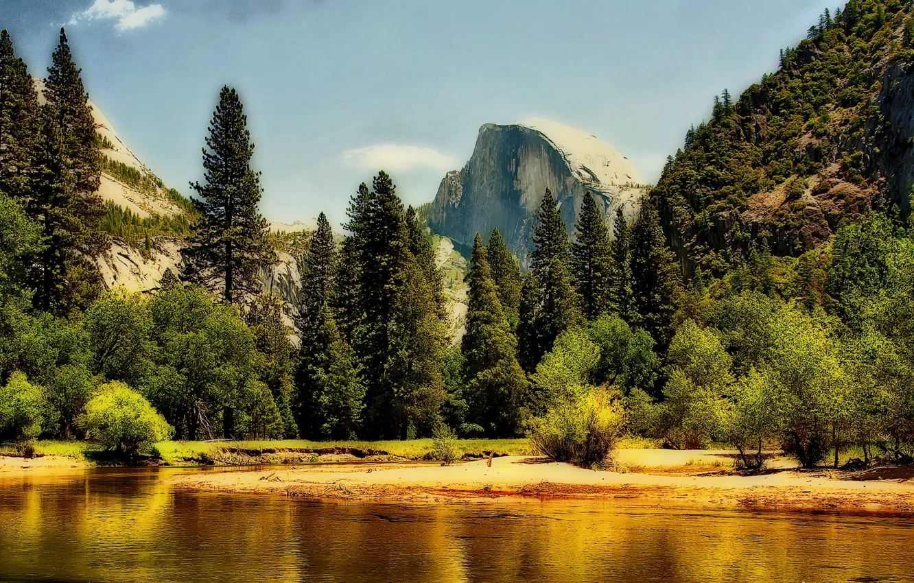 Photo wallpaper forest, the sky, clouds, trees, mountains, rock, river, Yosemite