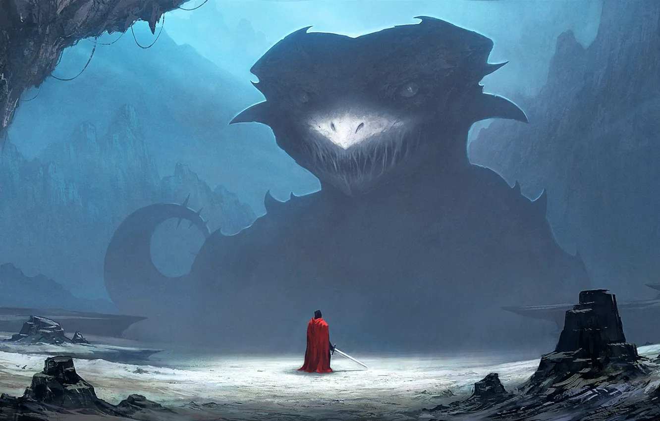 Photo wallpaper mountains, stones, weapons, dragon, sword, art, male, monster