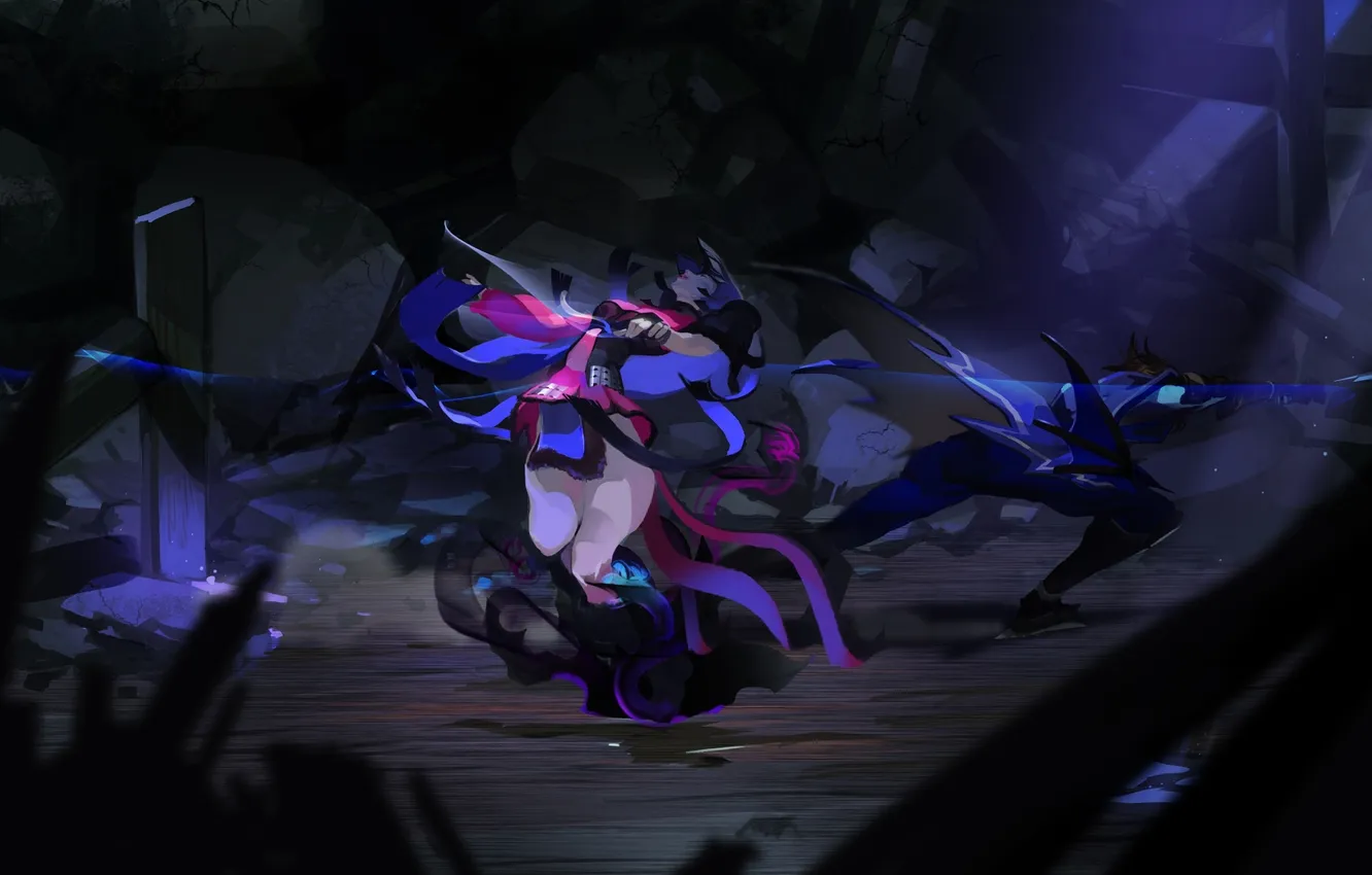 Photo wallpaper girl, weapons, sword, anime, art, tape, ruins, battle