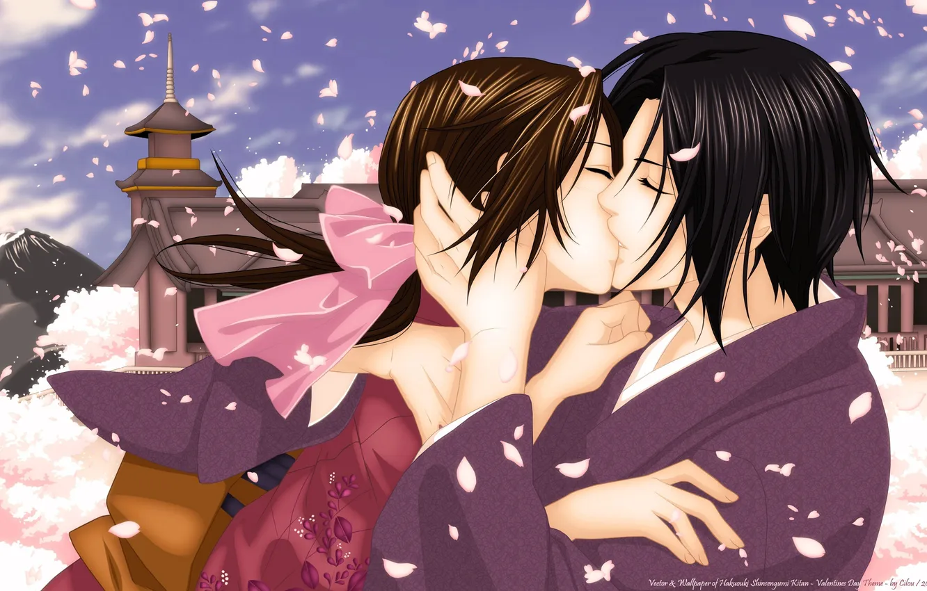 Photo wallpaper girl, home, kiss, petals, Sakura, guy, Hakuouki Shinsengumi Kitano