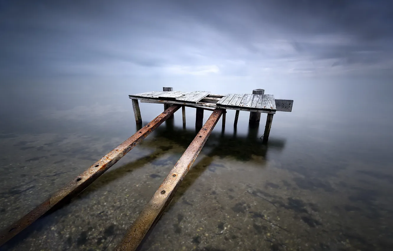 Photo wallpaper bridge, fog, lake