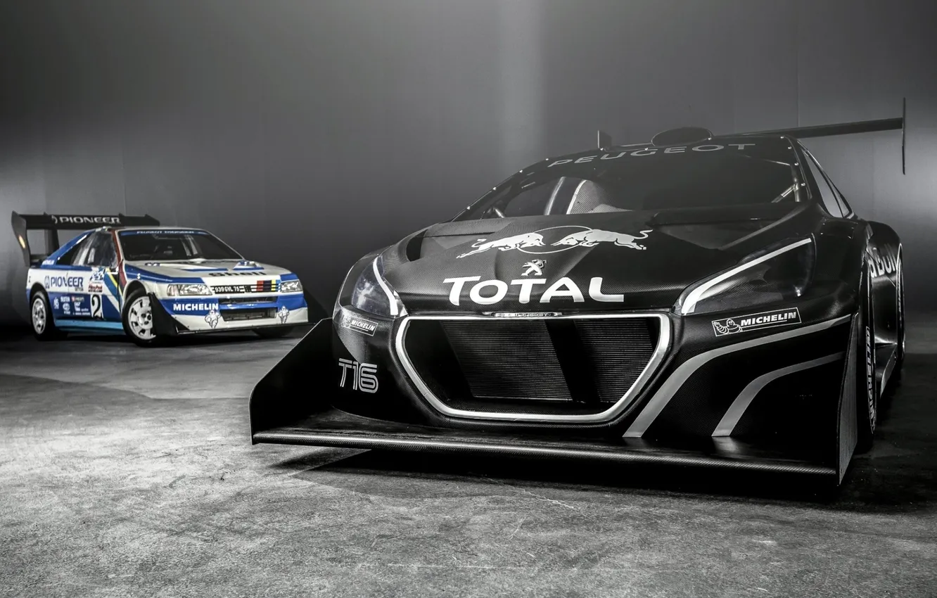 Photo wallpaper Peugeot, Peugeot, the front, racing car, old and new, 208, T16, Pikes Peak