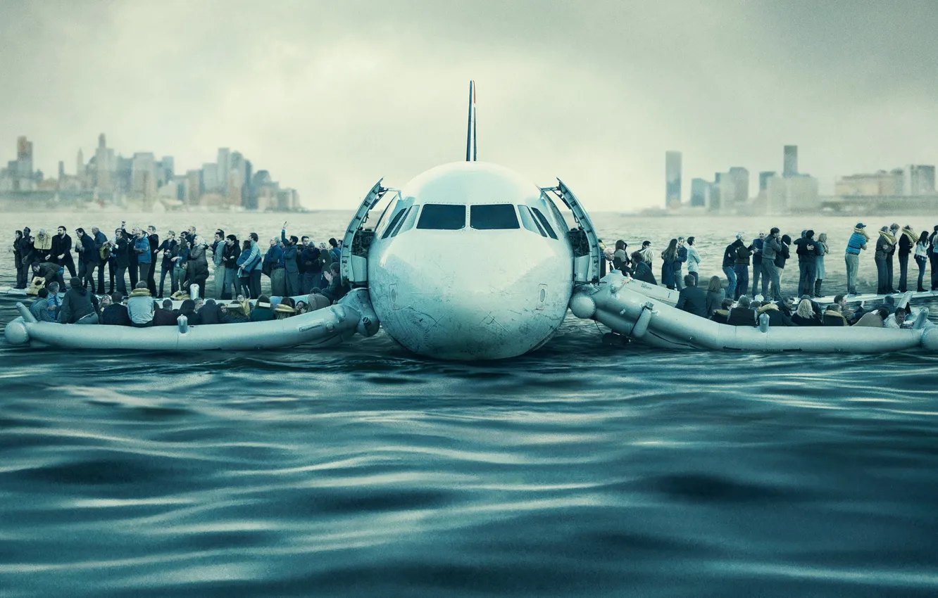 Photo wallpaper the city, the plane, river, people, New York, Bay, poster, landing