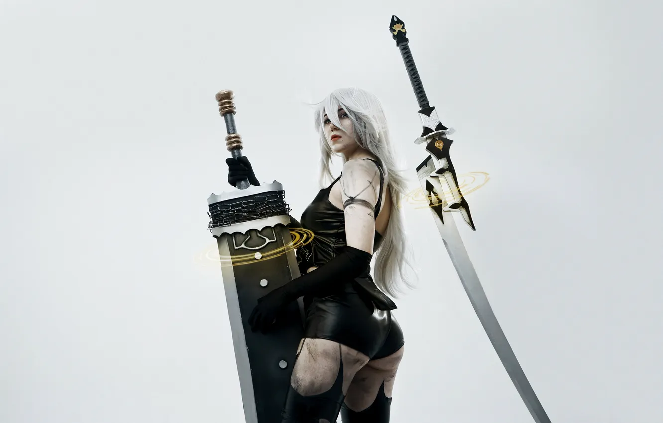 Photo wallpaper sword, ass, model, women, cosplay, gloves, white hair, white background