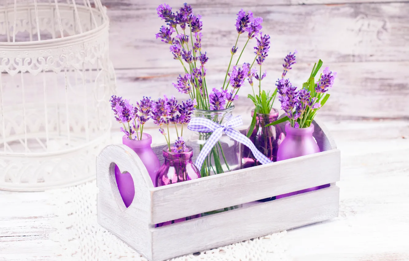 Photo wallpaper flowers, bottle, banks, box, ribbon, lavender, bokeh