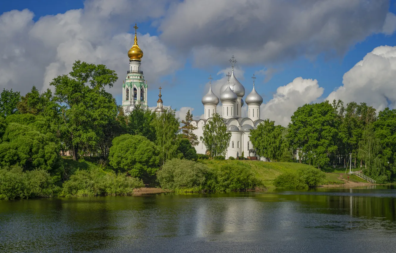 Photo wallpaper water, clouds, landscape, nature, the bell tower, Vologda, Saint Sophia Cathedral, Yuri Kulakov
