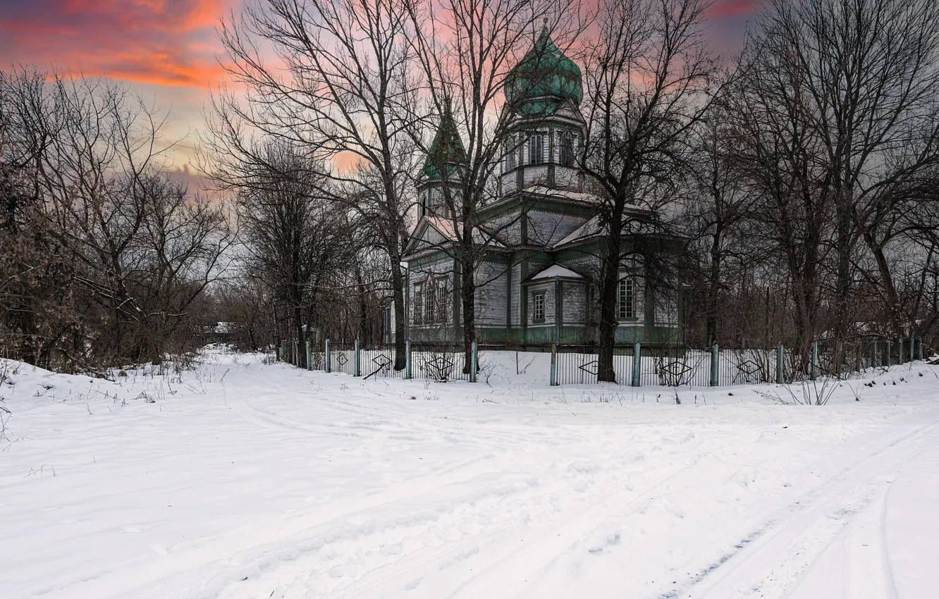 Photo wallpaper winter, sunset, temple