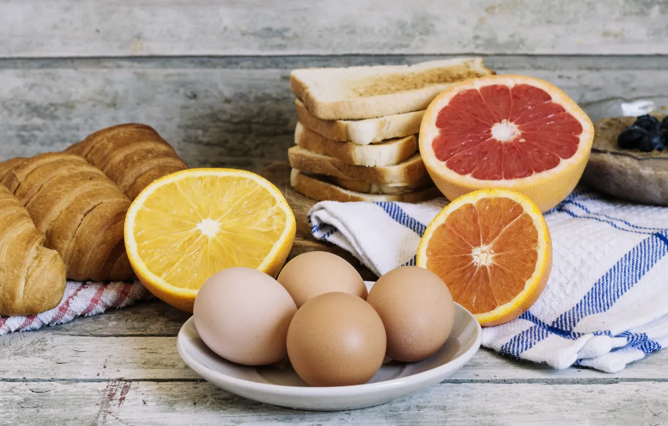Photo wallpaper orange, eggs, bread, citrus, croissant