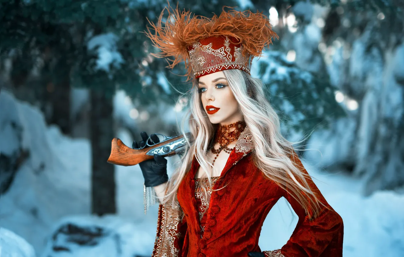 Photo wallpaper girl, gun, long hair, dress, weapon, hat, style, photo