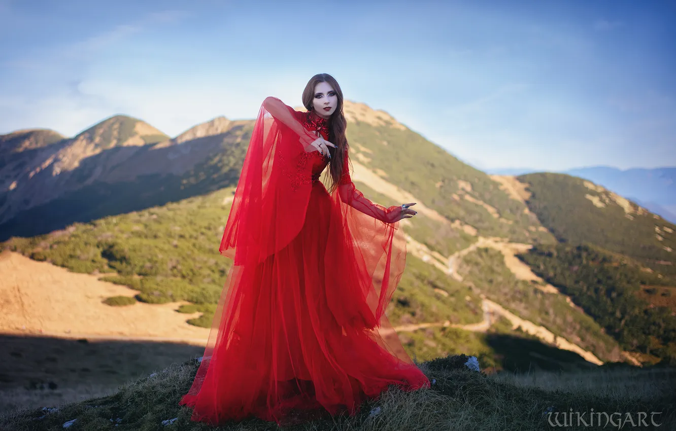 Photo wallpaper look, girl, nature, pose, makeup, dress, fantasy, outfit