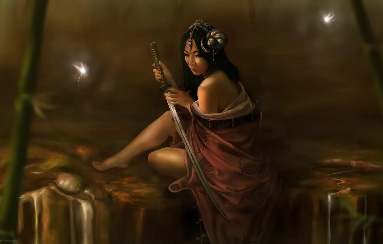 Photo wallpaper girl, fireflies, katana, Michel Victor Oliveira, Brazil