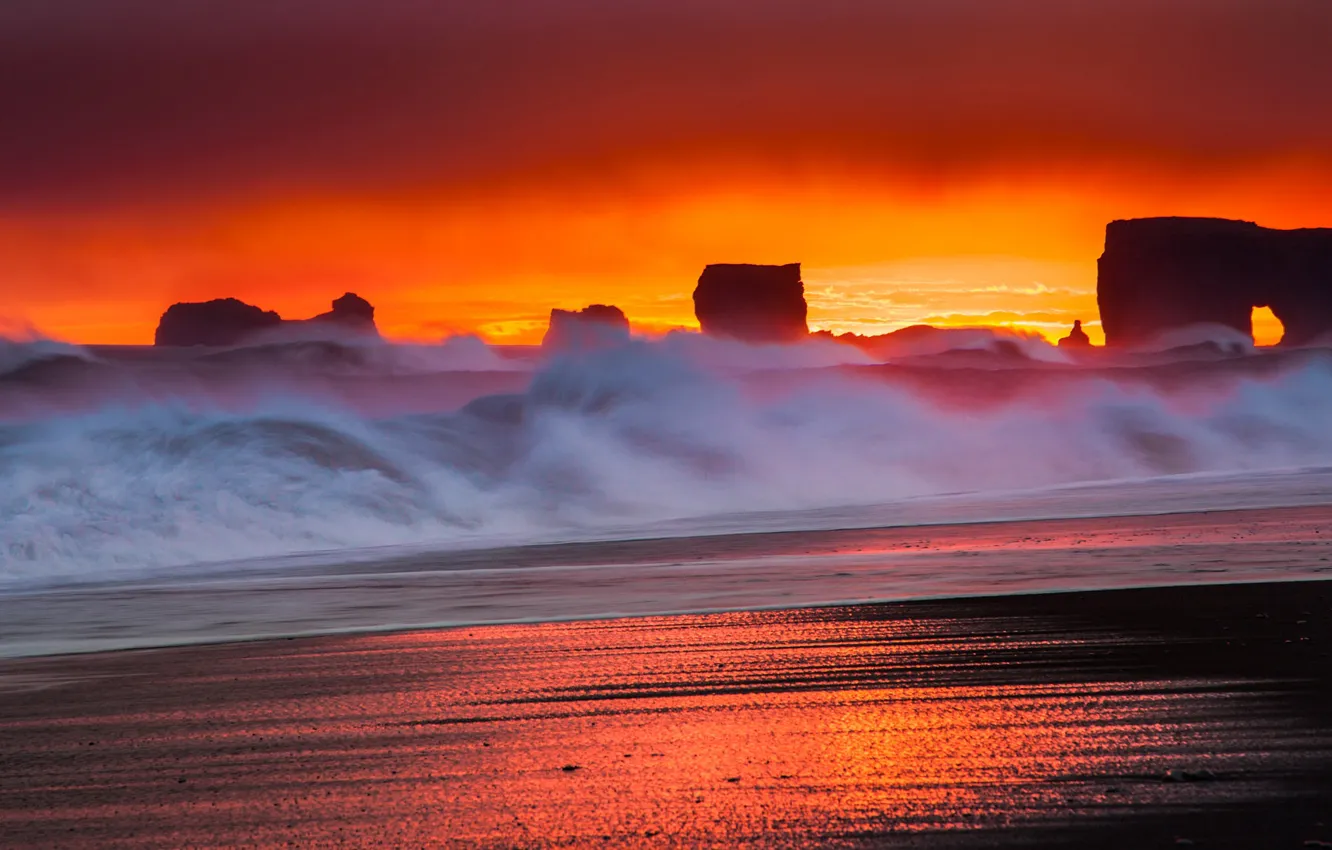 Photo wallpaper sea, wave, sunset, rocks, shore, surf, glow