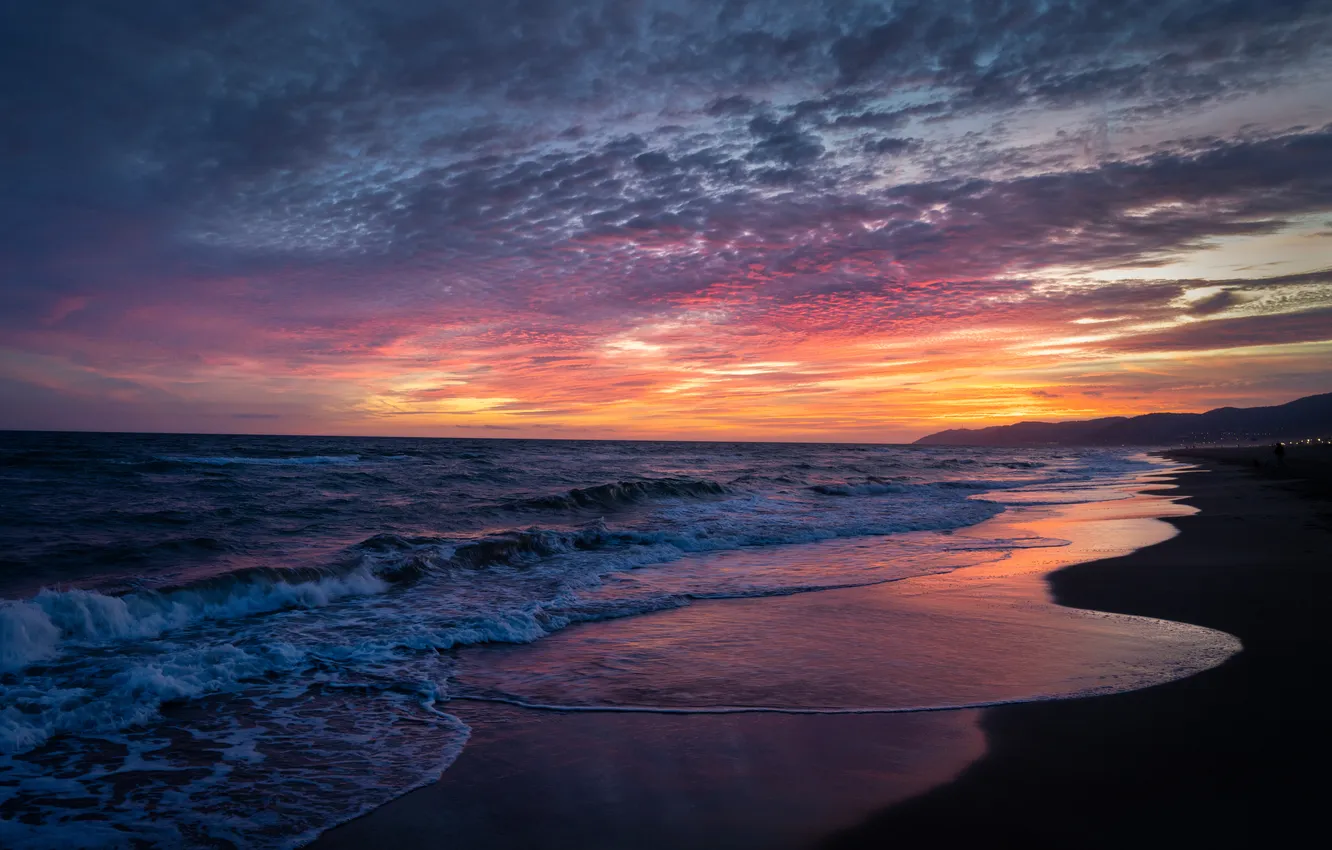 Photo wallpaper sea, wave, sunset, coast
