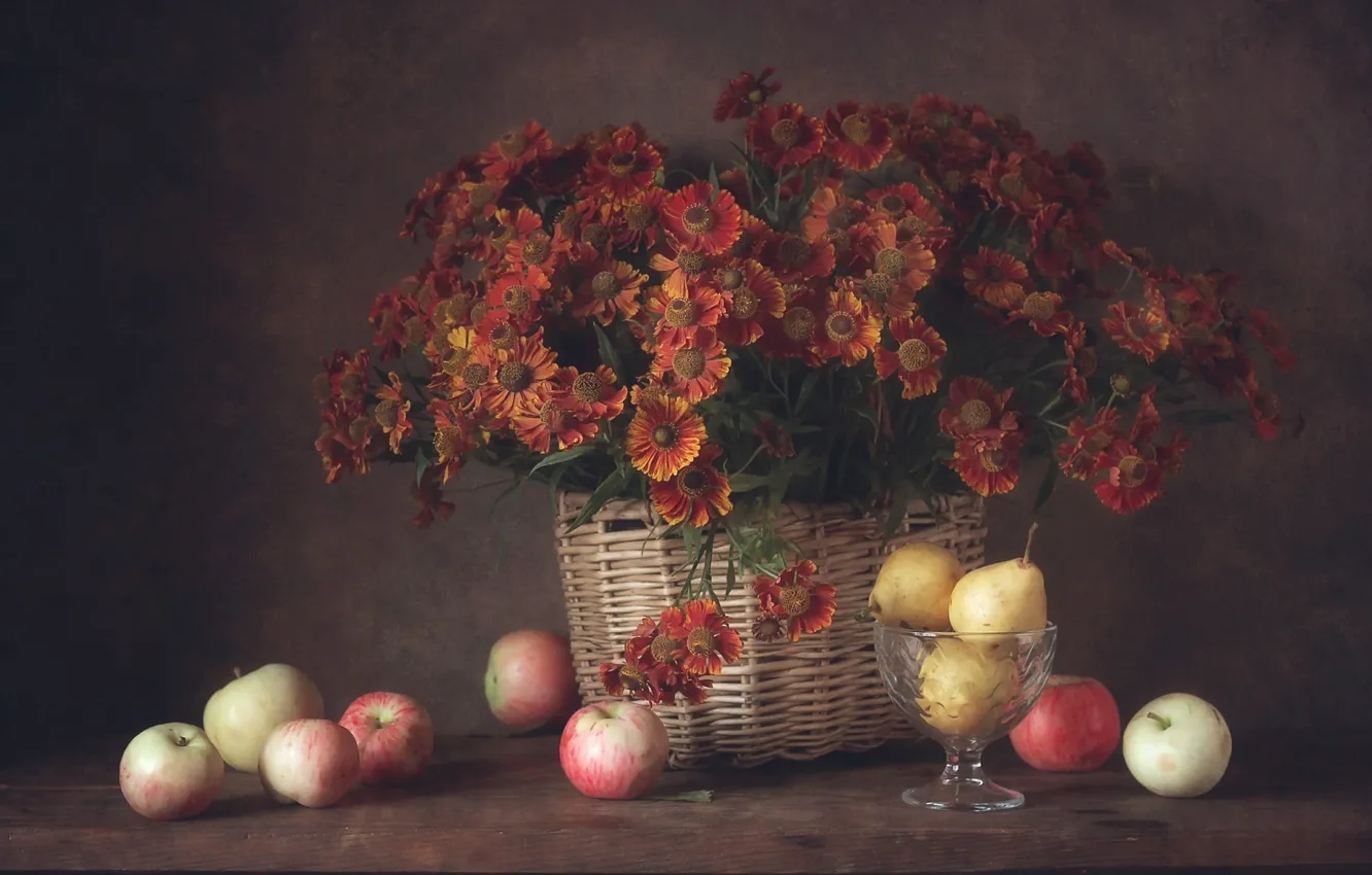 Photo wallpaper autumn, flowers, apples, bouquet, still life, pear