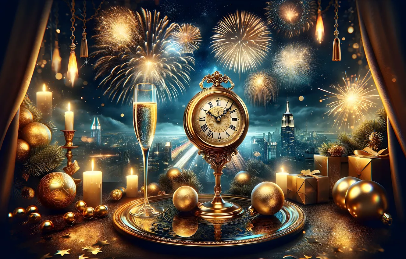 Photo wallpaper the sky, stars, balls, light, night, branches, time, the city