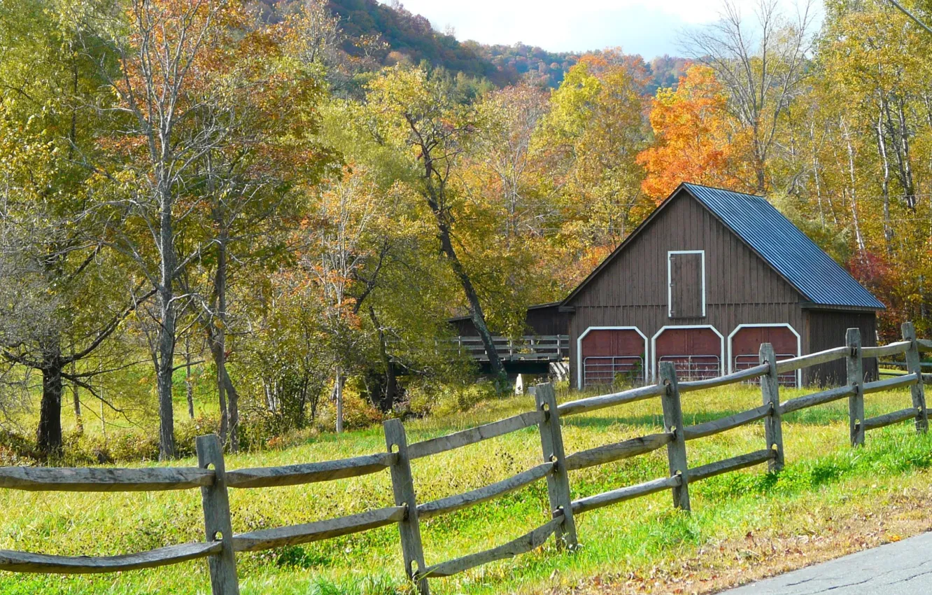 Photo wallpaper autumn, grass, trees, the fence, house