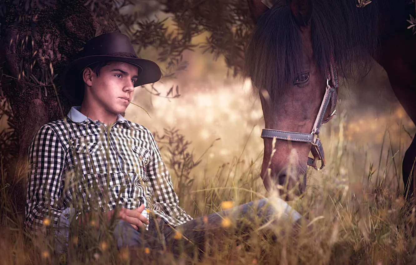 Photo wallpaper trees, stay, horse, guy