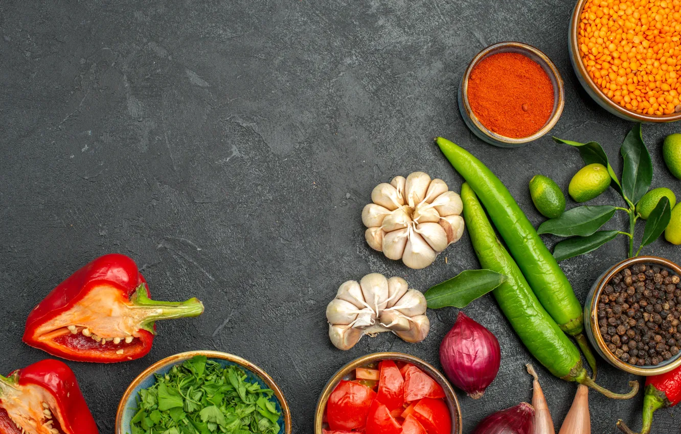Photo wallpaper greens, pepper, bowl, vegetables, garlic