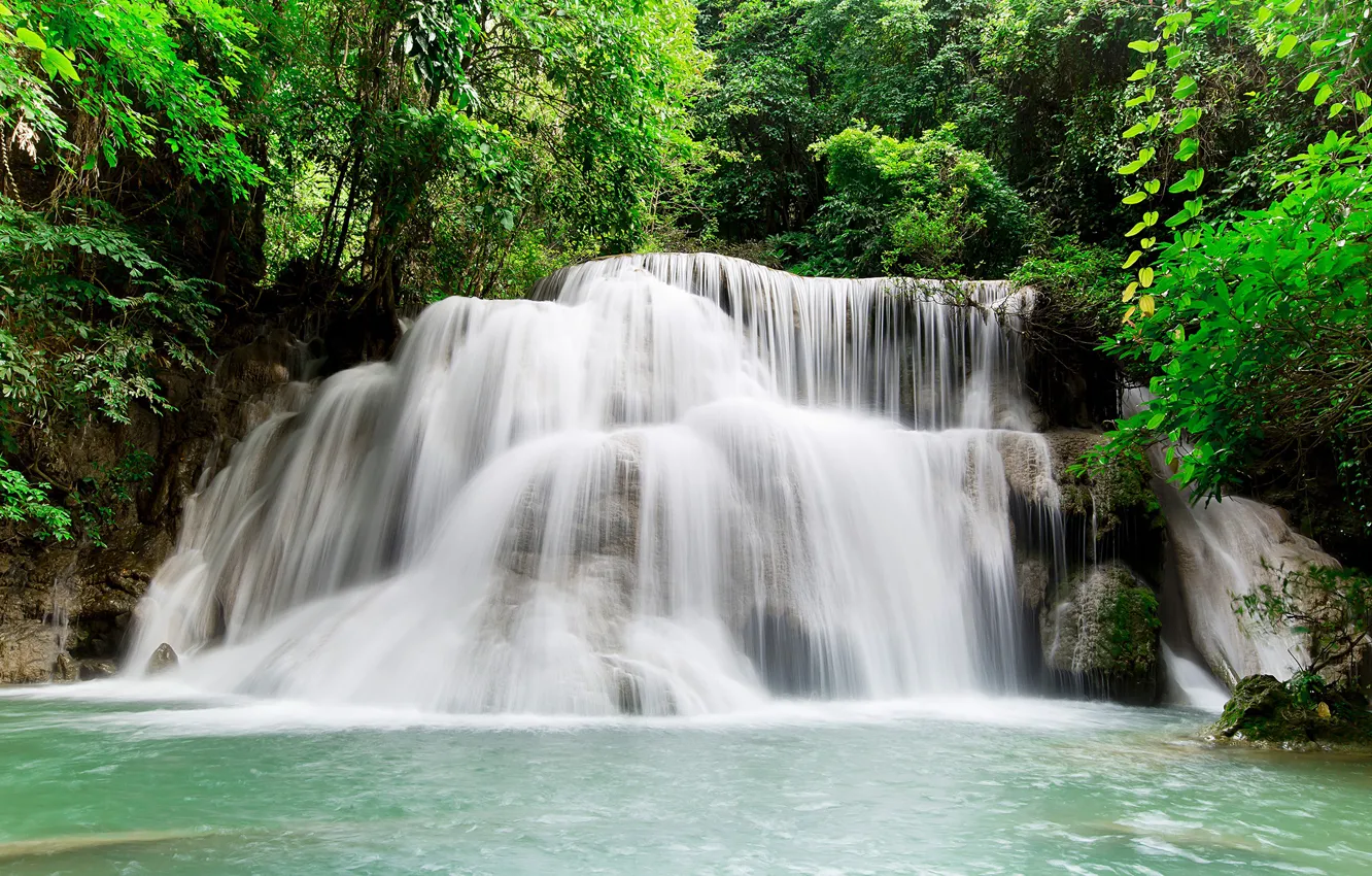 Photo wallpaper greens, forest, trees, tropics, stones, waterfall, Thailand, Kanchanaburi