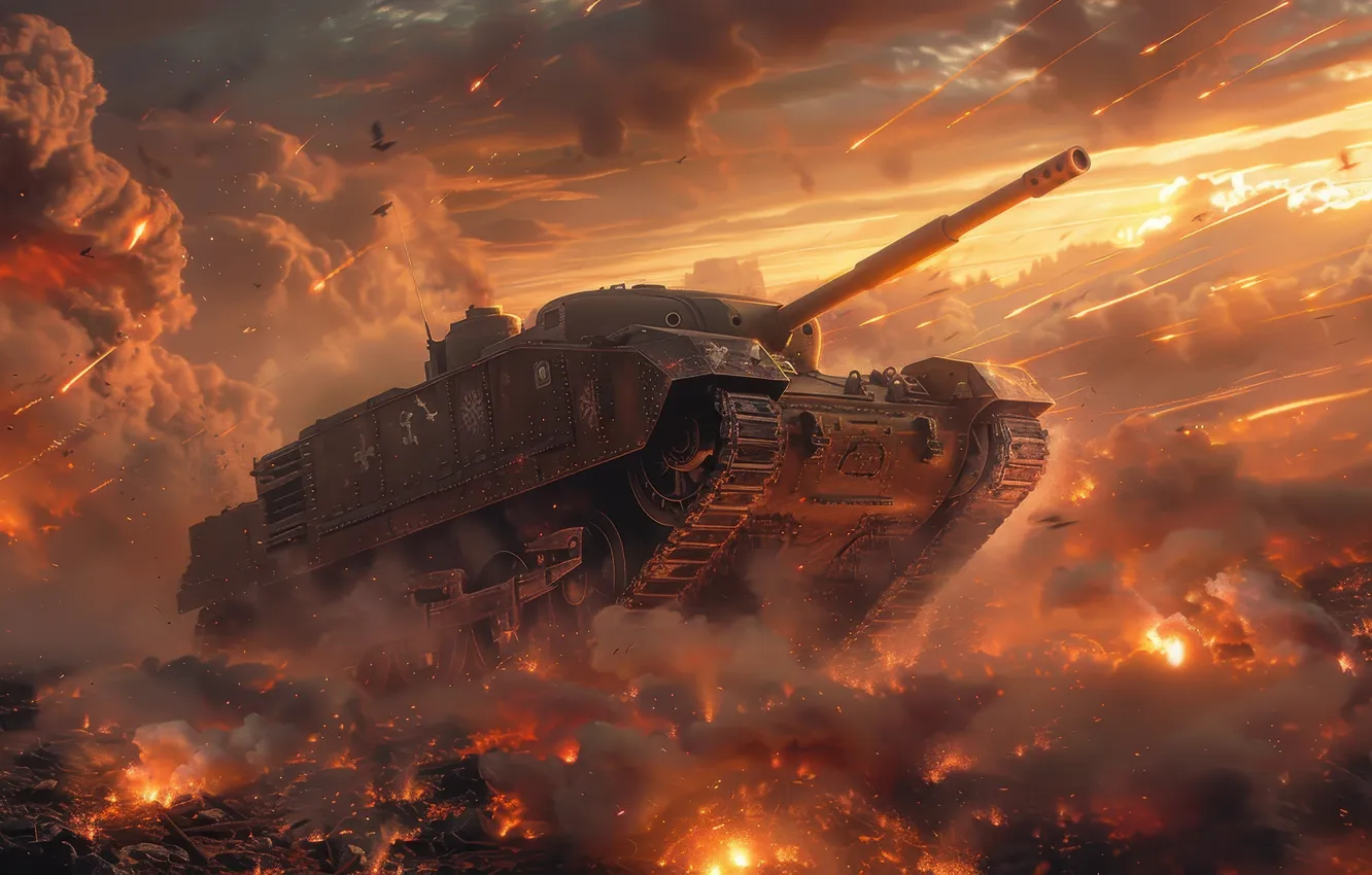 Photo wallpaper Smoke, Fire, Tank, Explosions, Digital art, AI art, The Art of Artificial Intelligence, Neural network