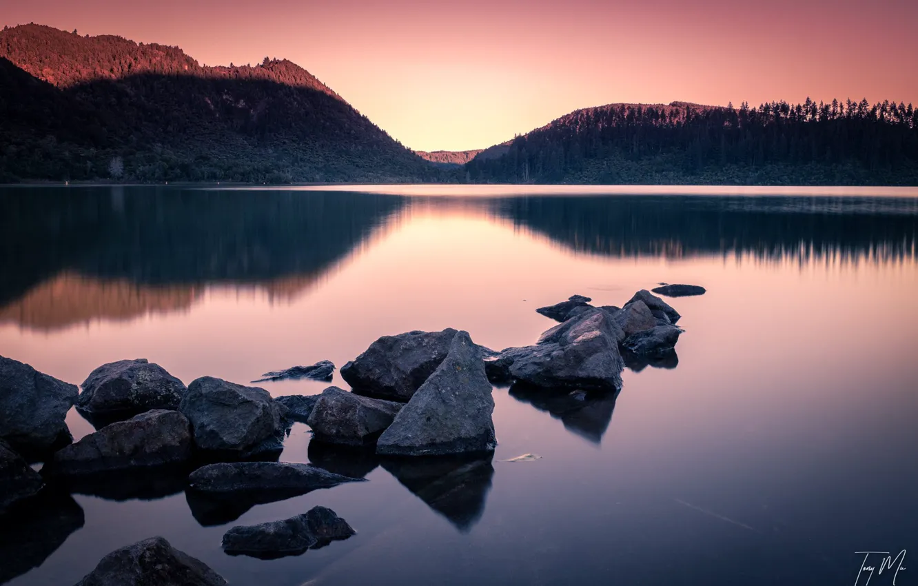 Photo wallpaper mountains, lake, boulders