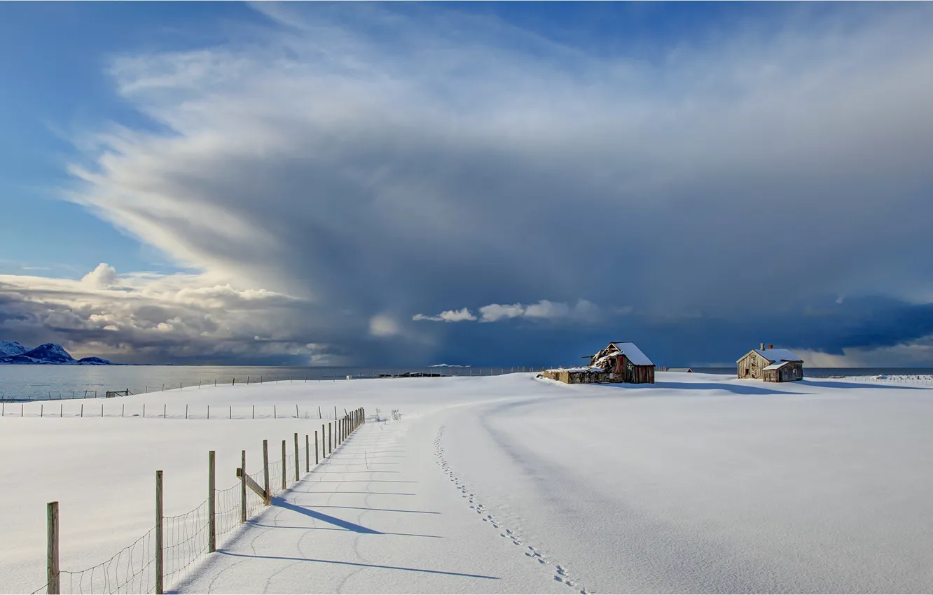 Photo wallpaper winter, snow, coast, the fence, Norway, Norway, sheds, Vesterålen